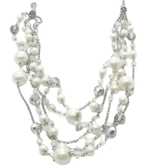 Faux Pearl & Beaded Necklace Multilayer 9-13" Silver Tone Chain - Picture 2 of 8